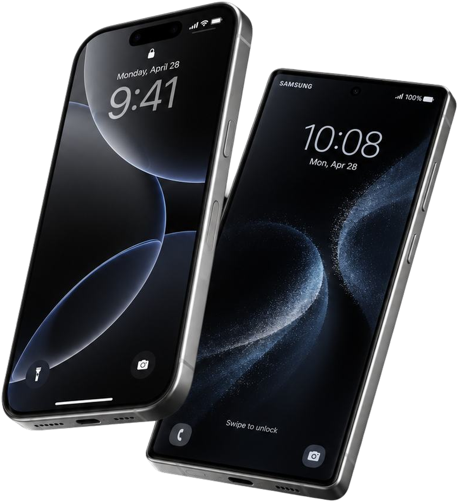 An iPhone and a Samsung phone with custom screen protectors