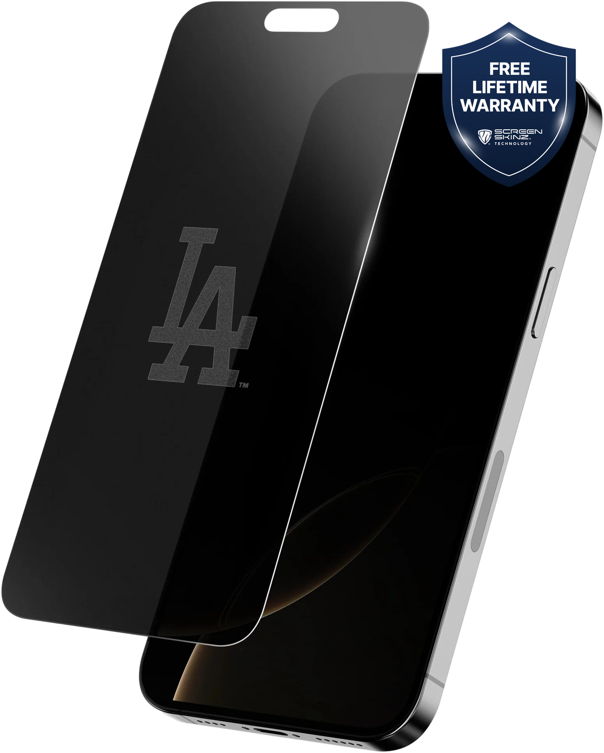 Privacy screen protector with a team logo and a free lifetime warranty seal