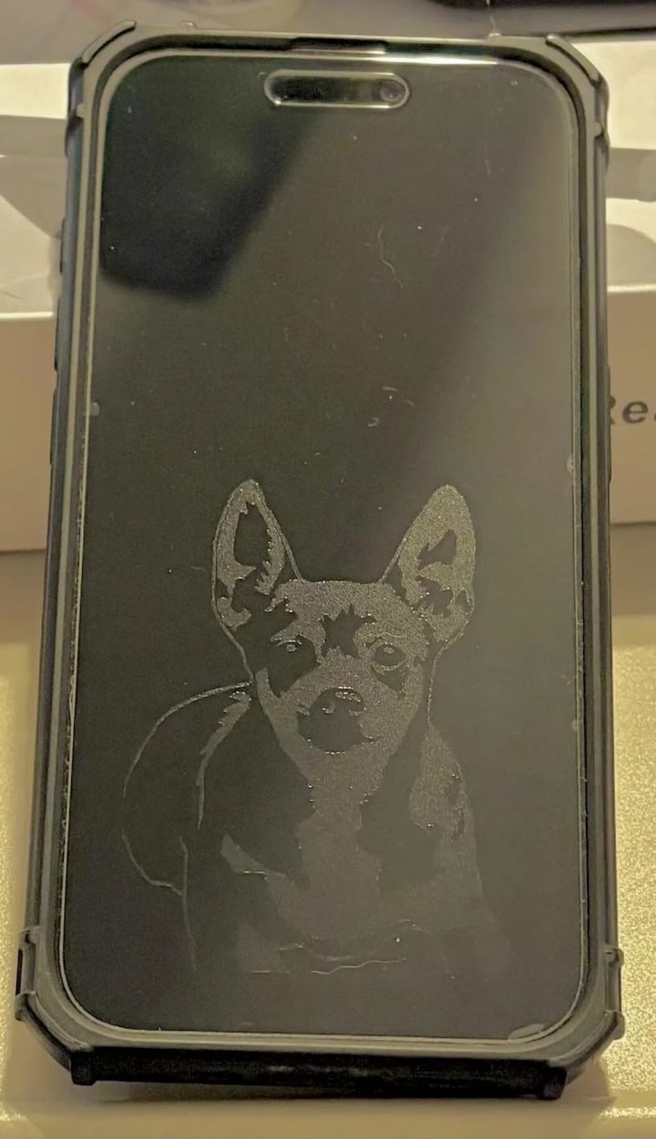 Phone with a line drawing of a dog on the screen protector