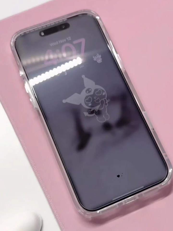 Phone with a Kuromi design on the screen protector